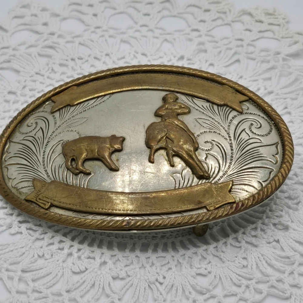 Vintage German Silver Belt Buckle Cowboy Horse Riding Western Scene
